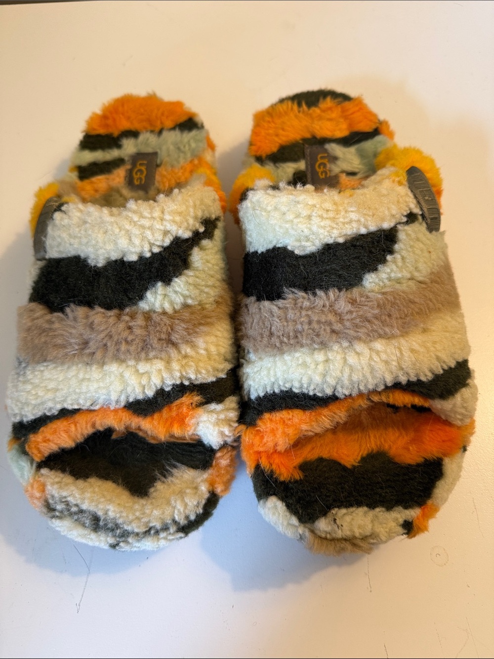 UGG Kids Orange Black Cream Tan Fuzzy Slide Slippers